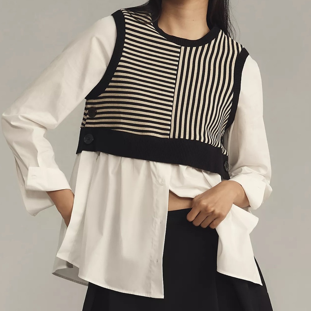 Maeve Long-Sleeve Linen Twofer Sweater Vest Top